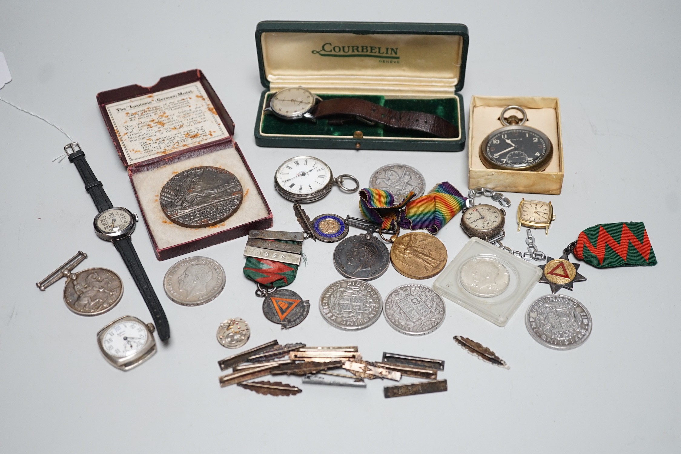 Mixed wrist and pocket watches including a silver cased Audax, a silver cased lady's Jagot and a military Moeris pocket watch, together with assorted medals etc.